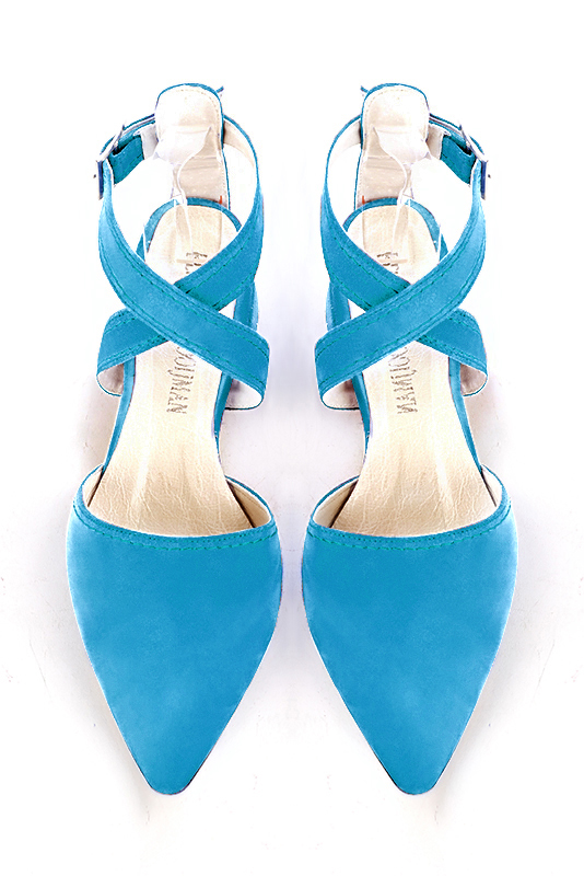 Turquoise blue women's open back shoes, with crossed straps. Tapered toe. Low flare heels. Top view - Florence KOOIJMAN